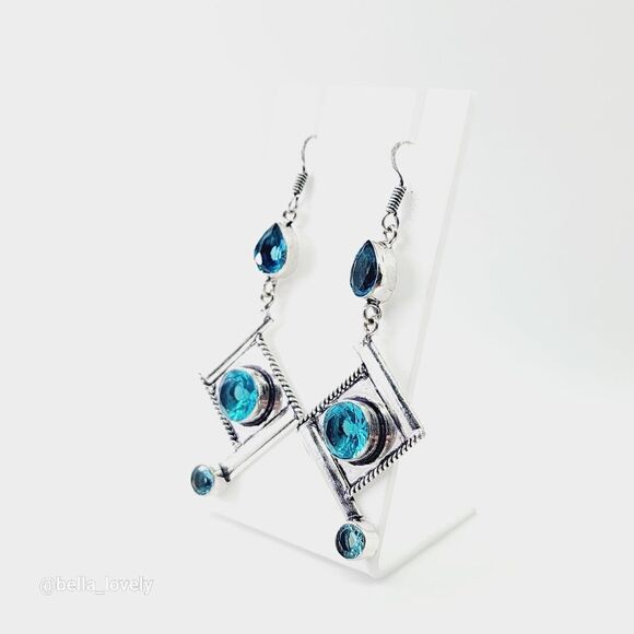 Unique Blue Topaz Handmade Drop Dangle Earrings Jewelry 2.95" - Picture 6 of 7